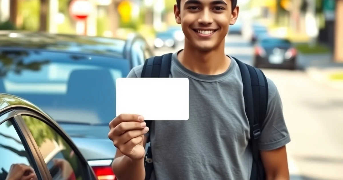 A smiling international student holding a driving licence card beside a car on an Australian street