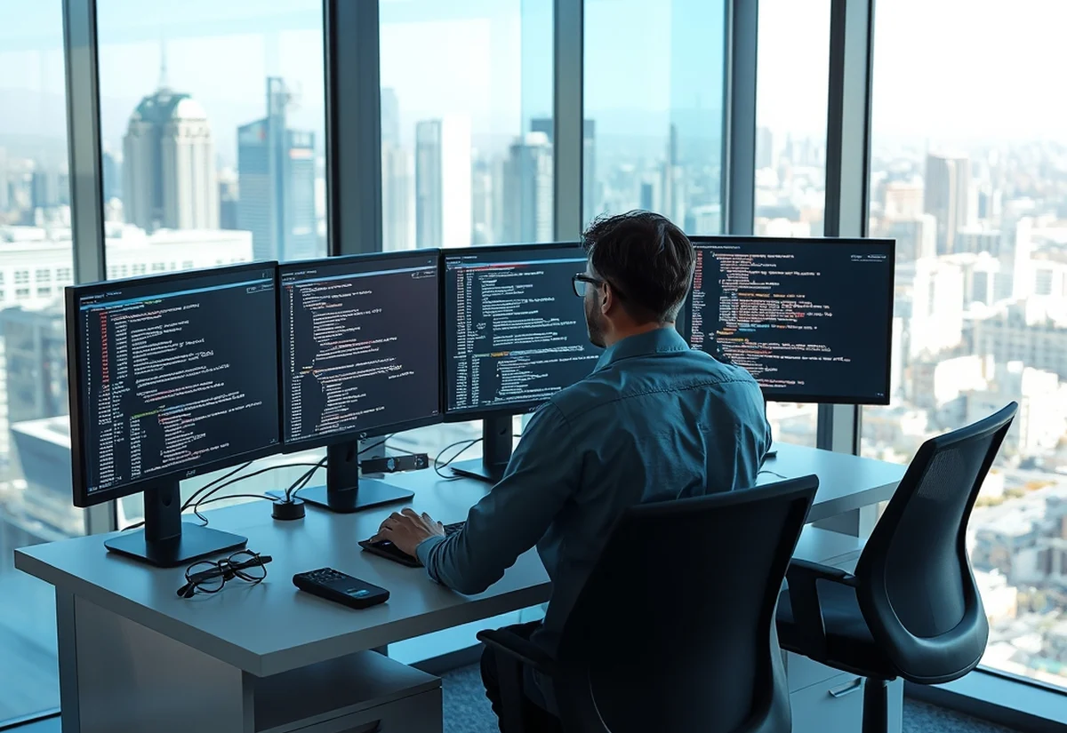 IT graduate working in a sponsored role Software developer working at a standing desk with multiple monitors in a modern office