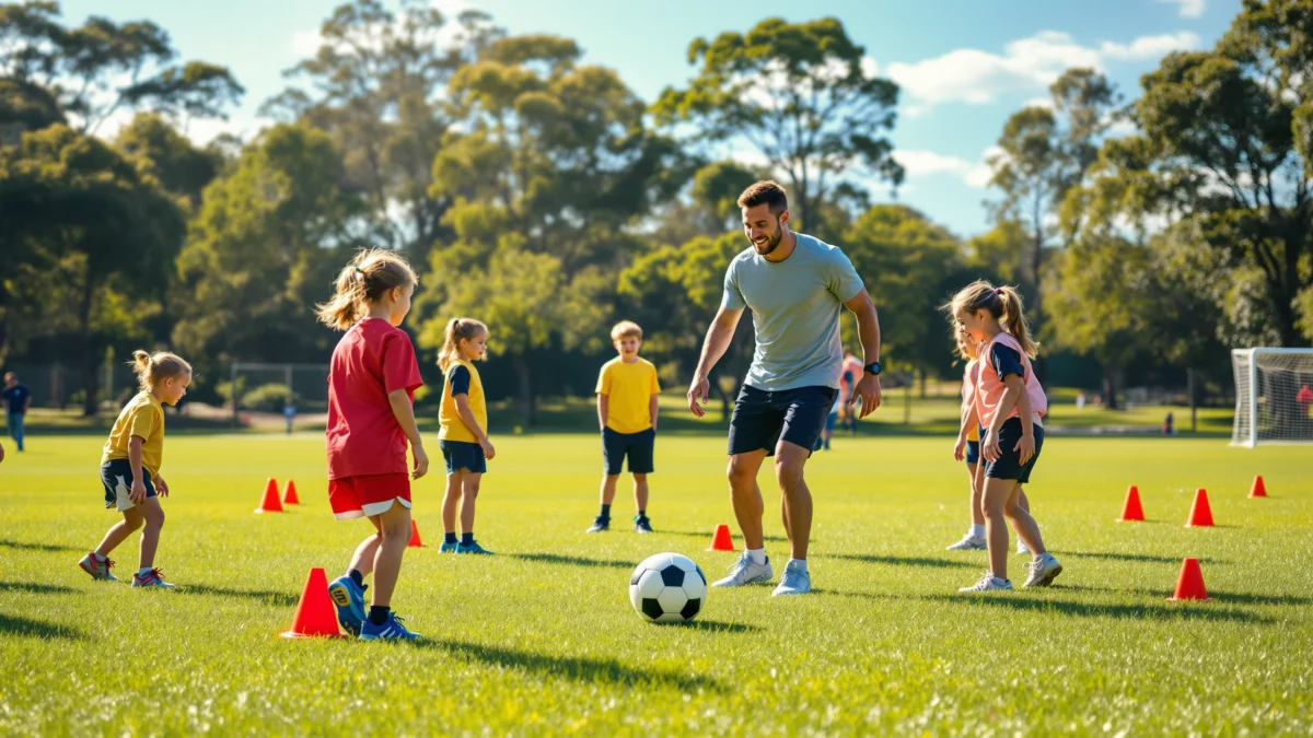 Young adult coaching a small group of children on an outdoor sports field