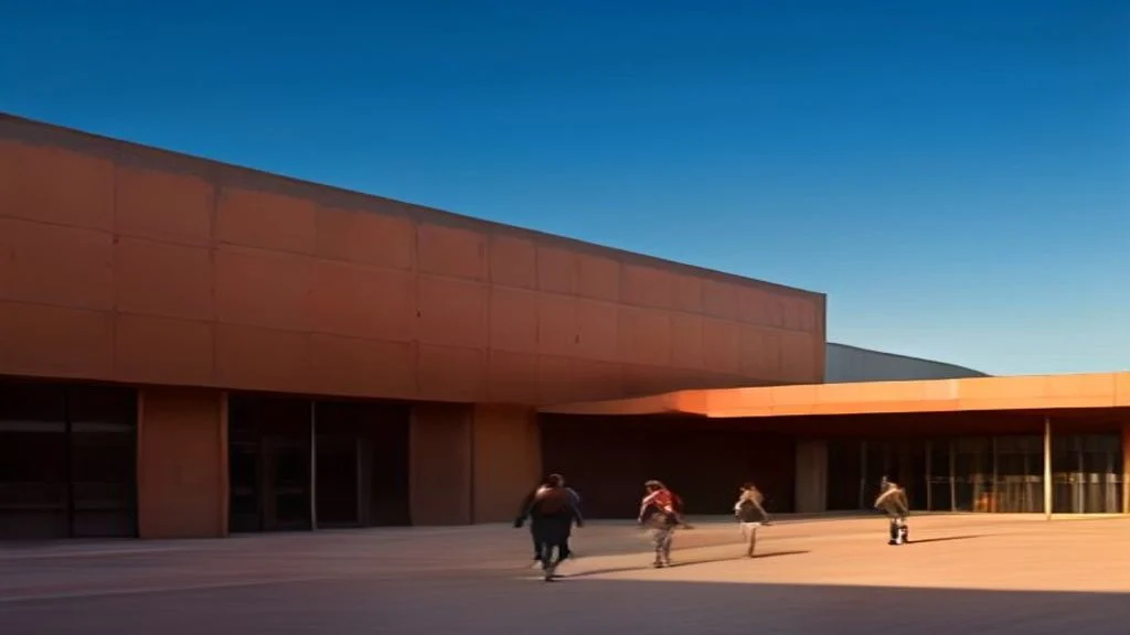 Modern Kalgoorlie university campus building in Western Australia with students and mining facilities visible against red outback landscape