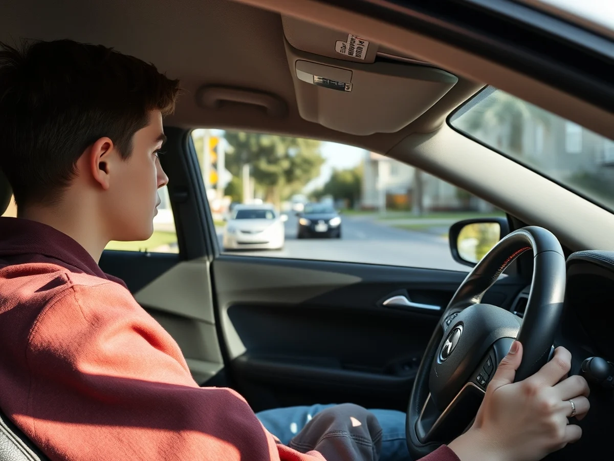 A young learner driver practicing behind the wheel of a car with an instructor beside them on an Australian street