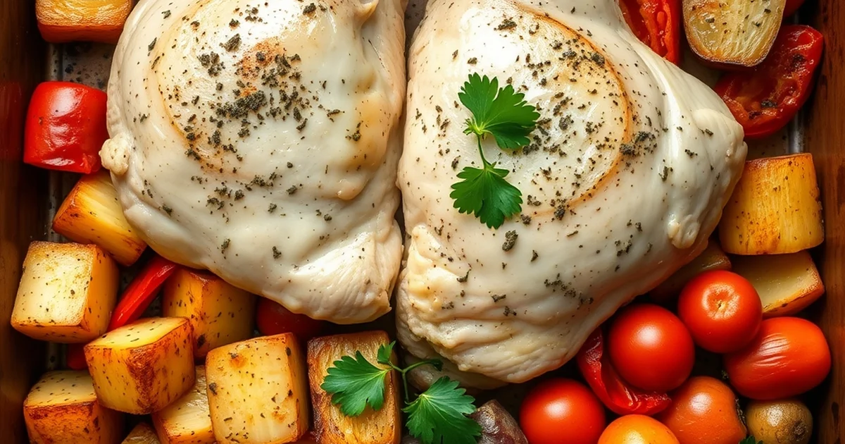 Overhead shot of a lemon herb chicken and roasted vegetable tray bake for two, fresh from the oven