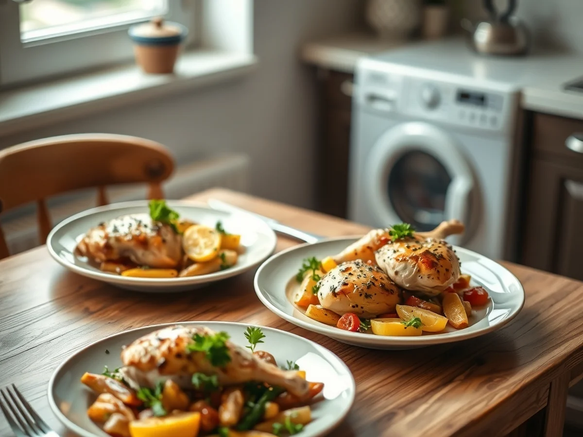 Two plates of lemon herb chicken and roasted vegetables served on a kitchen table for two