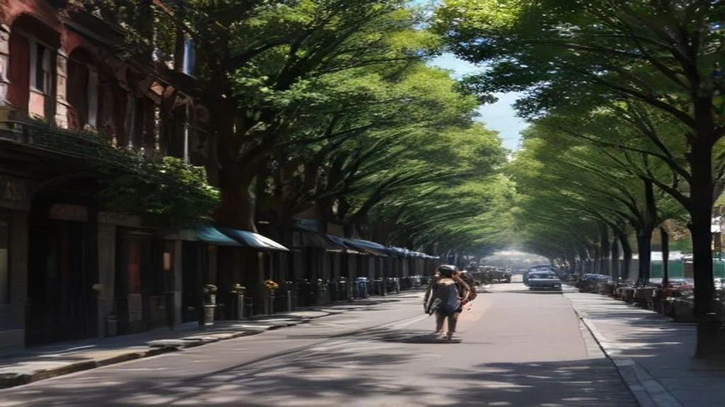 Lygon Street Carlton Melbourne near University of Melbourne featuring leafy trees, Victorian terrace houses, outdoor cafes, and students walking in warm daylight