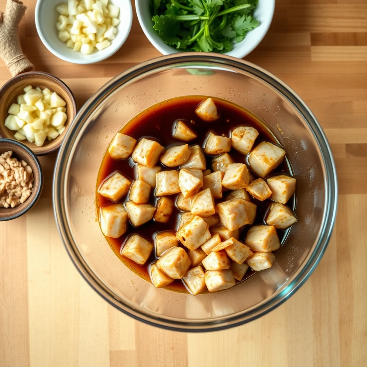 Marinating chicken for meal prep bowls Chicken pieces marinating in soy-ginger sauce before baking for meal prep bowls