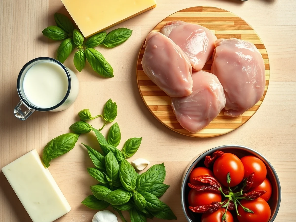 Raw ingredients for marry me chicken laid out on a kitchen bench, including chicken thighs, cream, sun-dried tomatoes, parmesan, garlic and basil