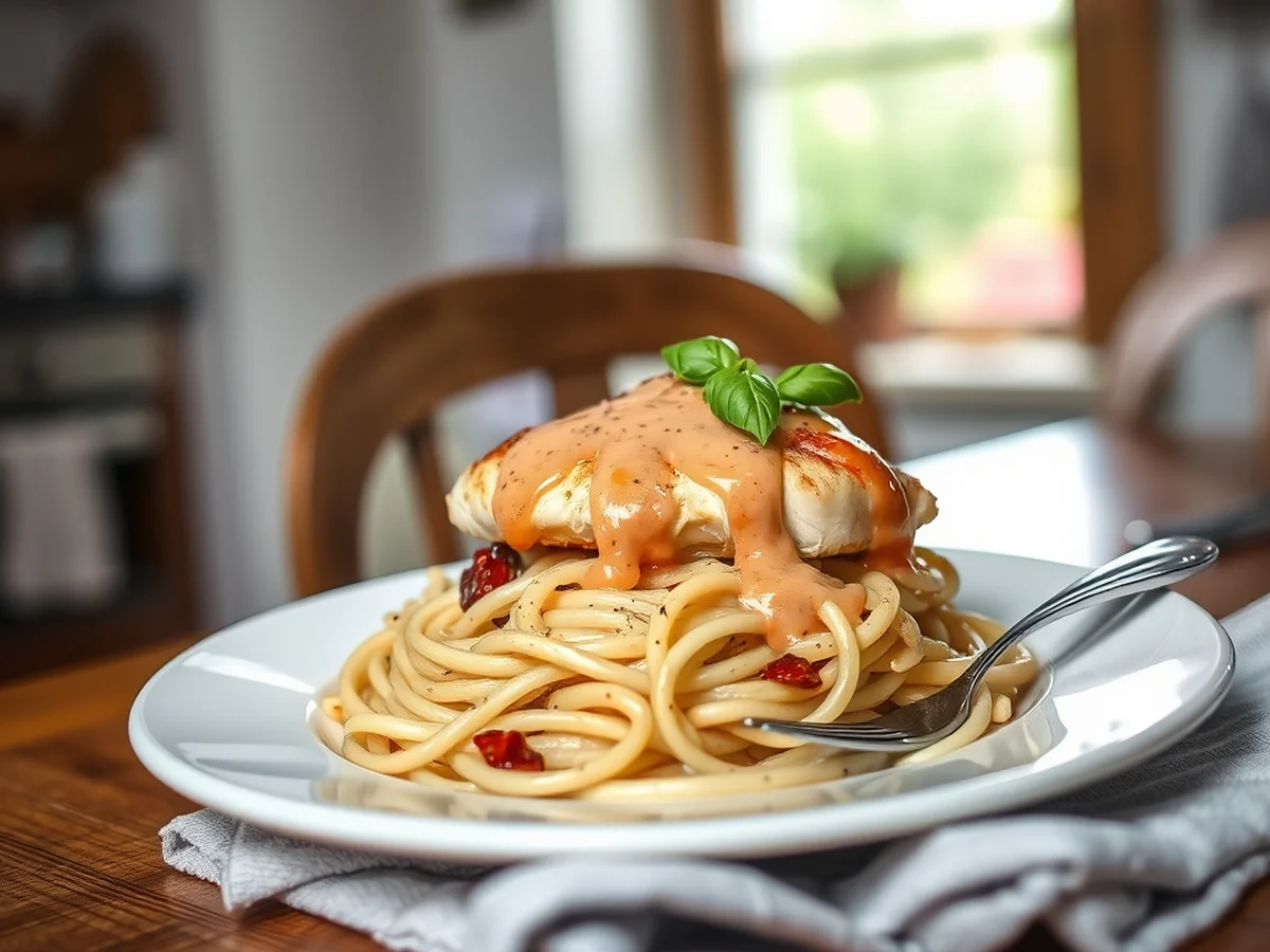 Plated marry me chicken served over pasta with creamy sauce and fresh basil on a share-house kitchen table