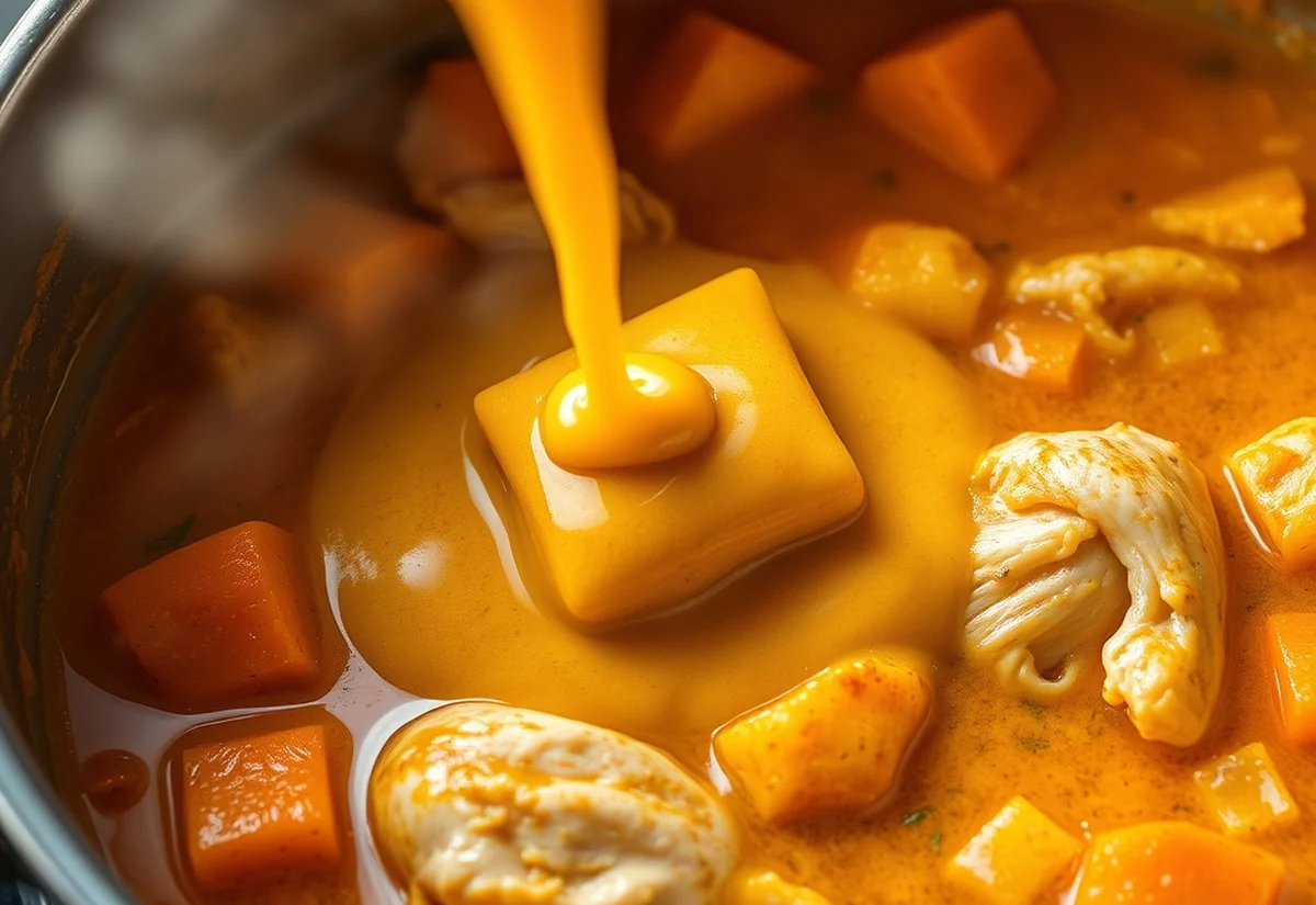Melting curry roux blocks into the pot Curry roux blocks melting into a simmering pot of chicken and vegetables