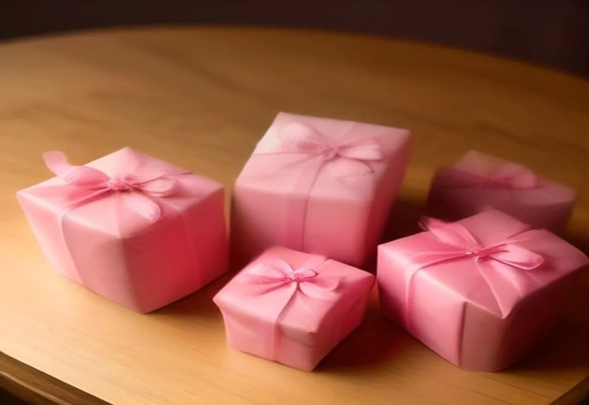 Three wrapped Mothers Day gift boxes of different sizes on a wooden table with a pink flower