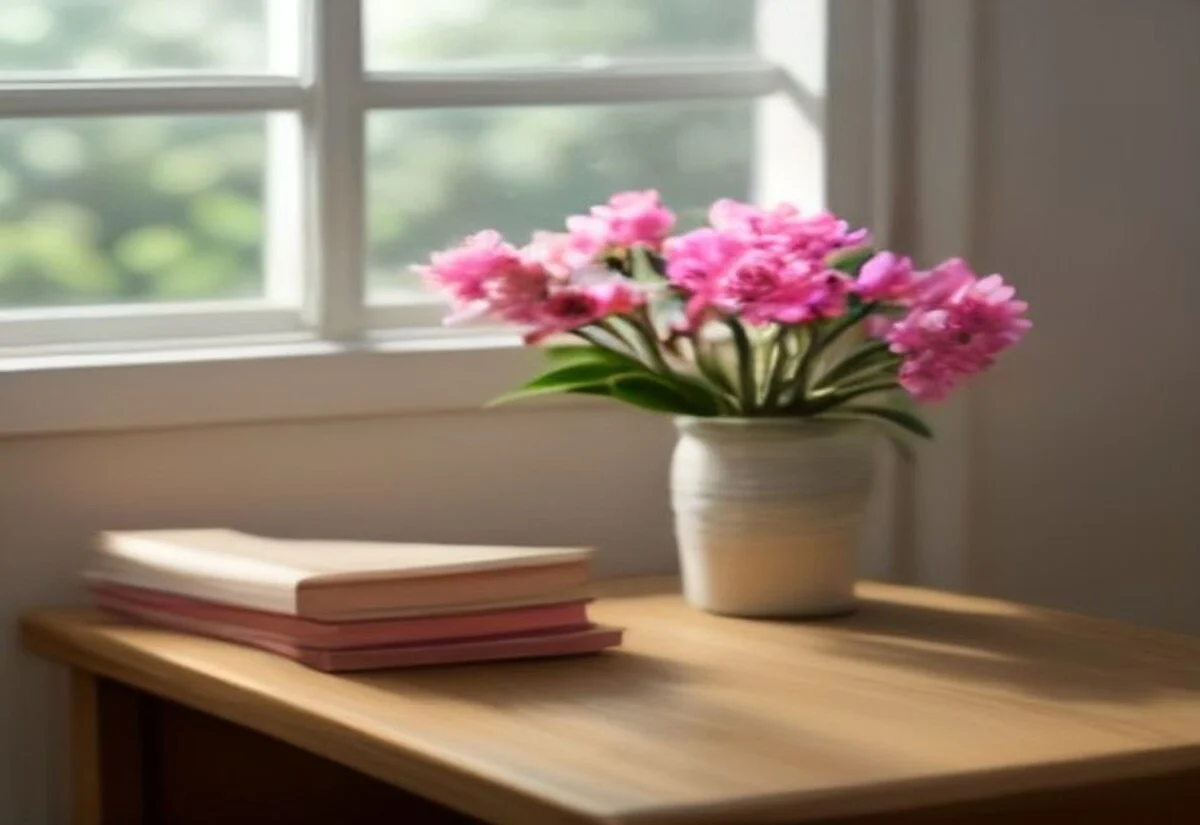A lit candle, small potted plant and folded scarf on a wooden side table