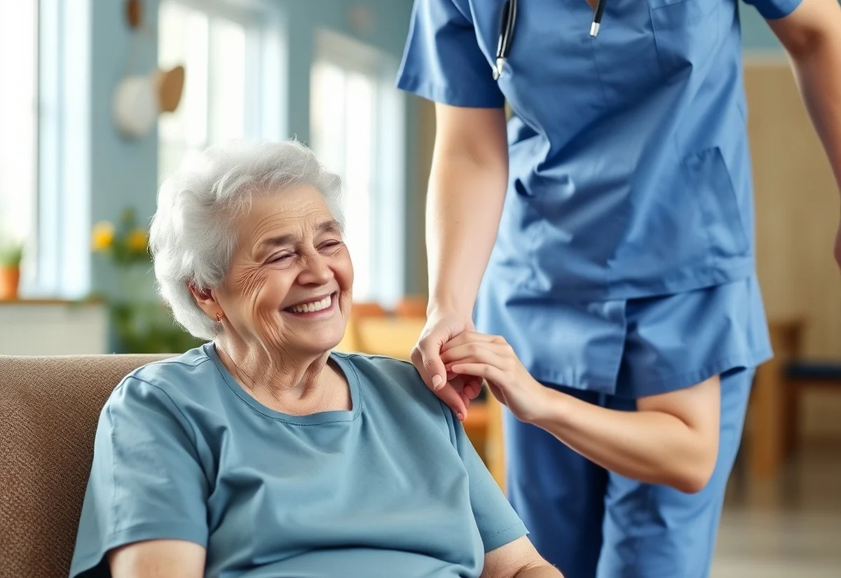 Nurse working in regional aged care Nurse holding the hand of an elderly patient in an aged care facility