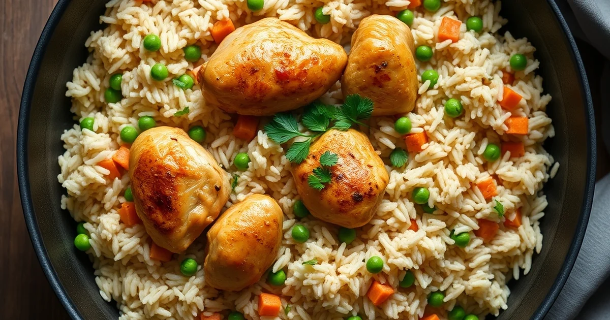 Overhead shot of one-pot chicken and rice with peas and carrots in a large skillet, fresh from the stove