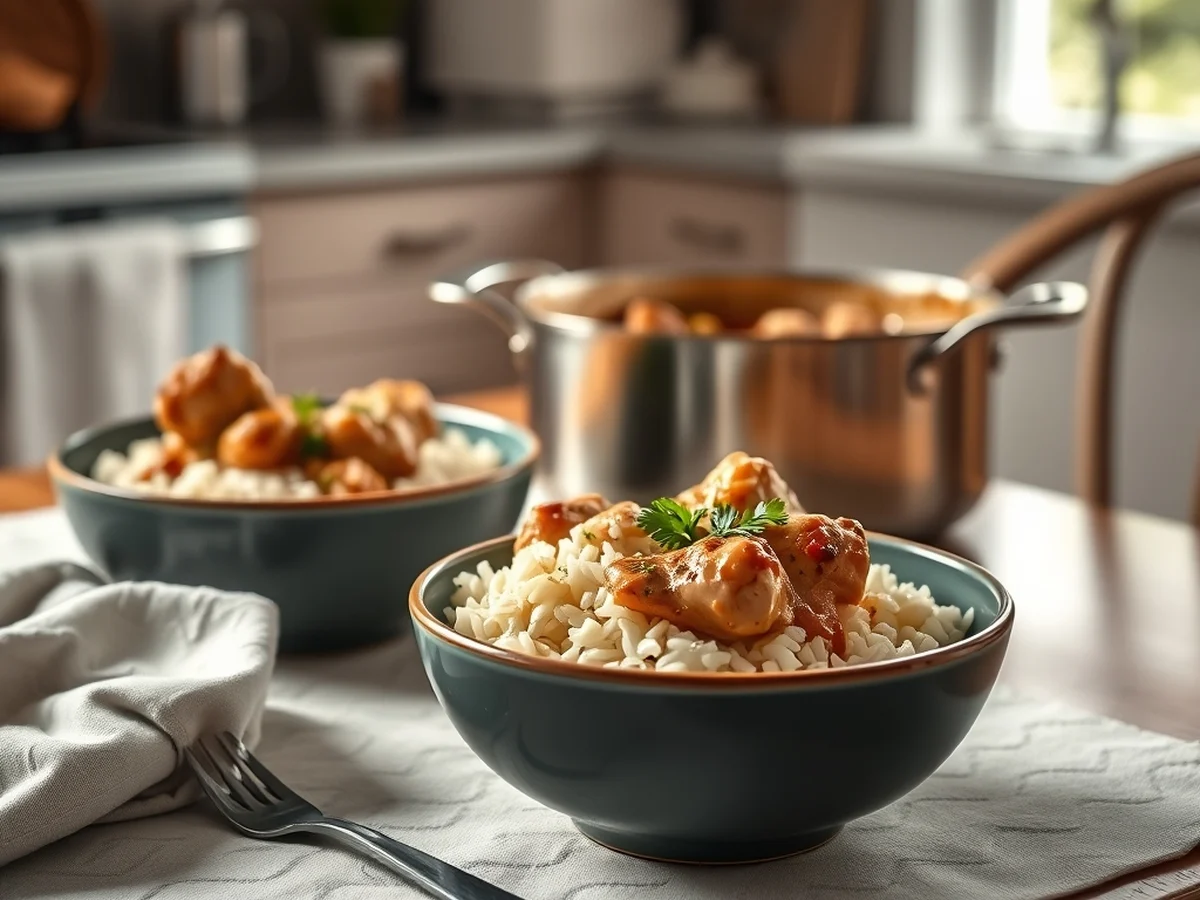 Two bowls of one-pot chicken and rice served on a dinner table, garnished with parsley