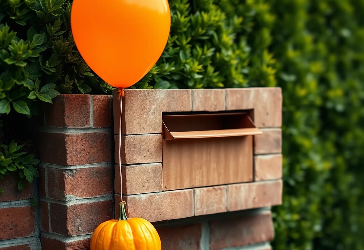 Orange balloon signalling trick-or-treaters welcome A bright orange balloon tied to an Australian letterbox next to a small carved pumpkin