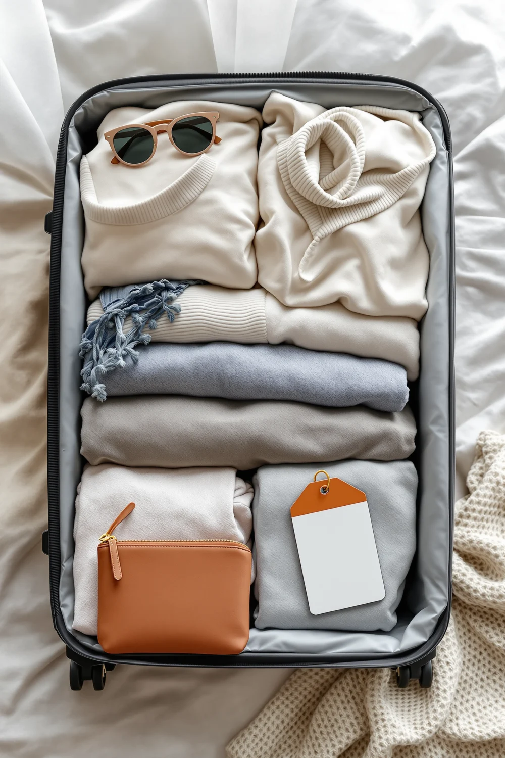 Open suitcase neatly packed for moving to Australia