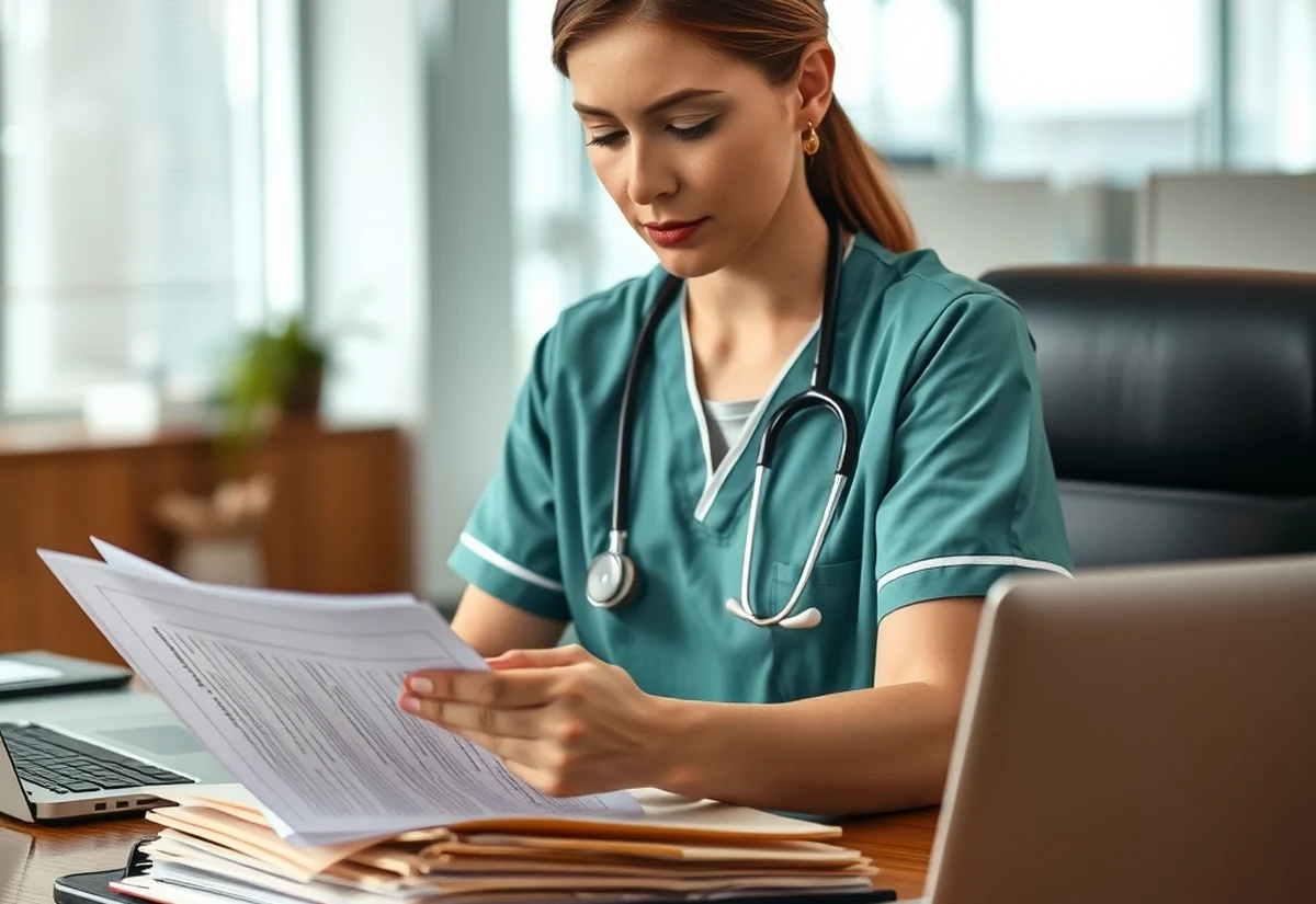 Preparing documents for a nursing skills assessment Nurse reviewing qualification documents and paperwork at a desk