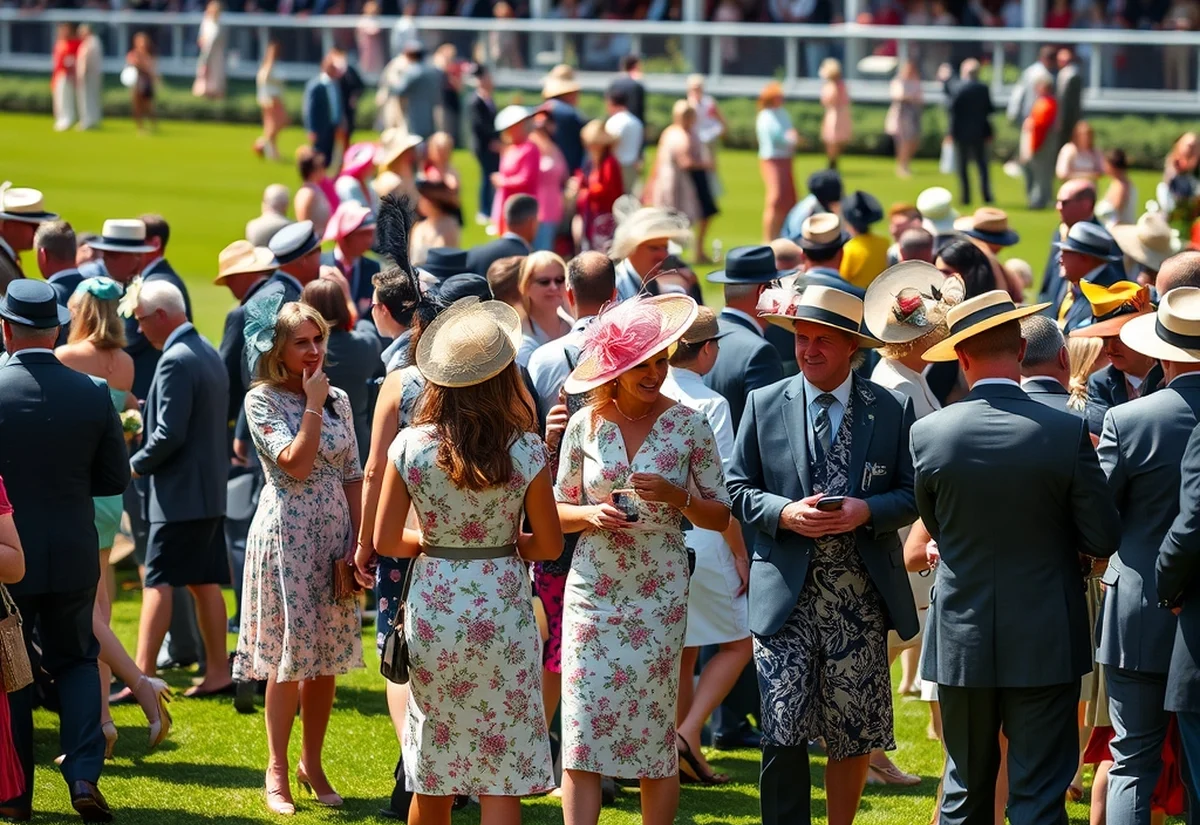 Racegoers in spring racing fashion at Flemington A crowd of people dressed in spring racing fashion socialising on the lawn at a racecourse