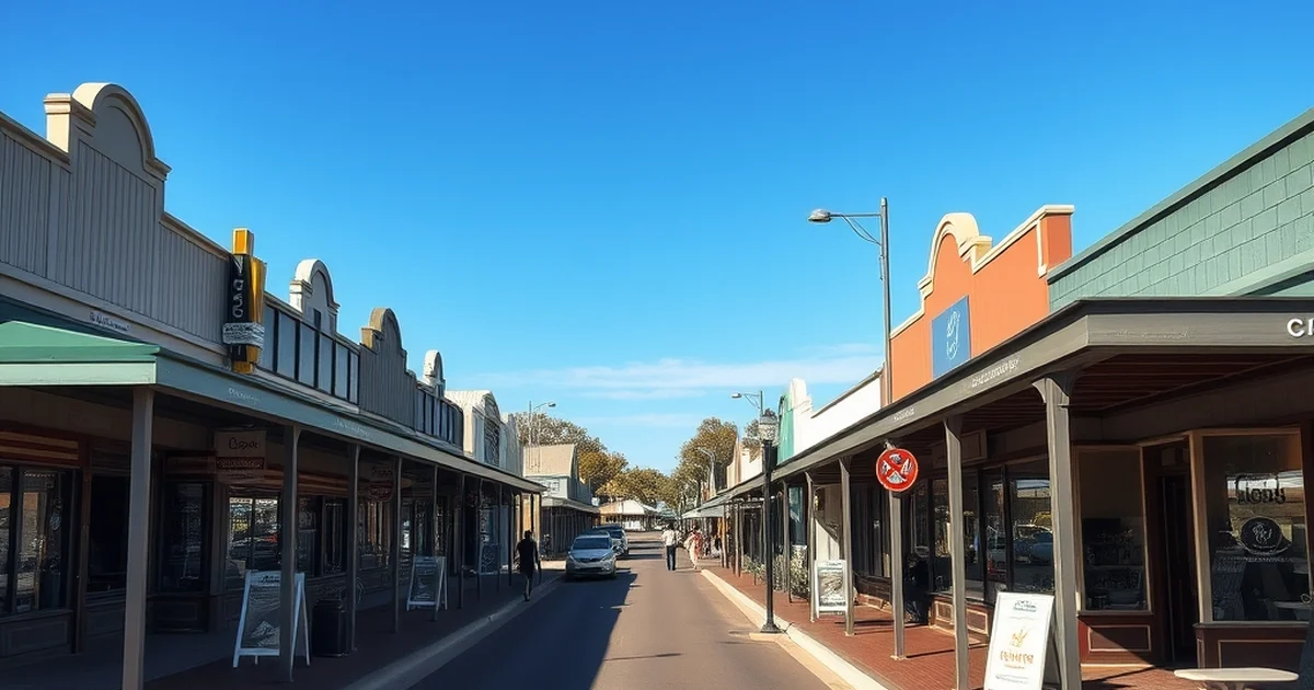 A quiet regional Australian town main street under a wide open sky