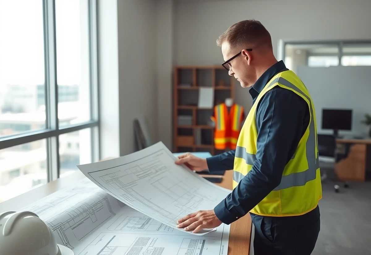 Reviewing an engineering qualification for skills assessment Engineer reviewing blueprints and structural drawings in an office