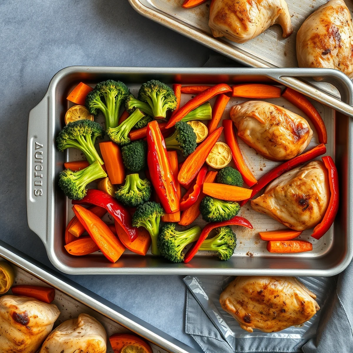 Roasted vegetables and baked chicken for meal prep Roasted broccoli, carrots and capsicum on a baking tray next to baked chicken pieces