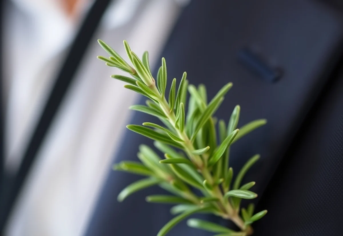 Rosemary sprig worn on ANZAC Day Sprig of rosemary pinned to a lapel for ANZAC Day