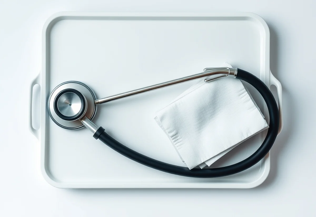 Safety standards matter more than price A stethoscope and folded gauze pads on a clinical tray, representing safety standards in cosmetic injecting