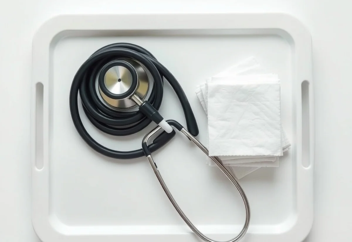 Safety standards matter more than price A stethoscope and folded gauze pads on a clinical tray, representing safety standards in cosmetic injecting