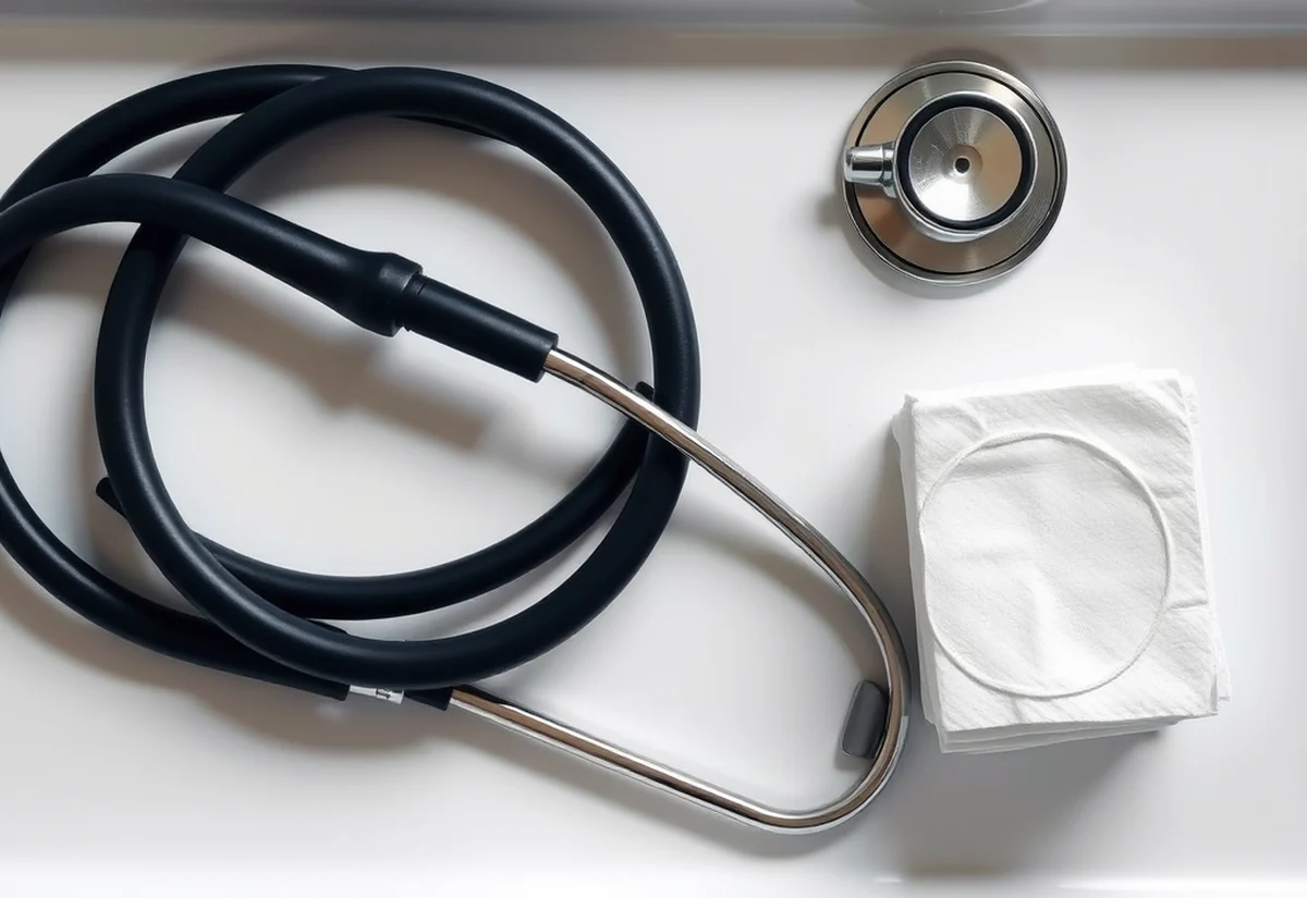 Safety standards matter more than price A stethoscope and folded gauze pads on a clinical tray, representing safety standards in cosmetic injecting