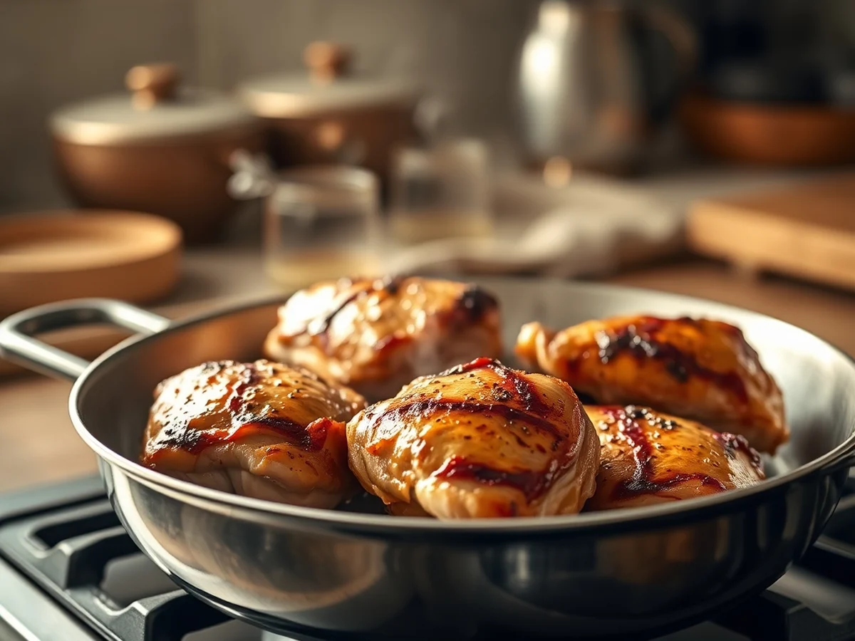 Chicken thighs searing golden brown in a stainless steel pan on the stovetop