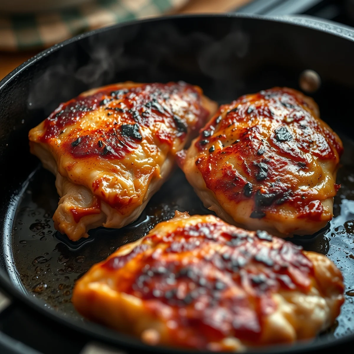 Searing chicken thighs in a skillet Chicken thighs searing skin-side down in a skillet until golden and crisp