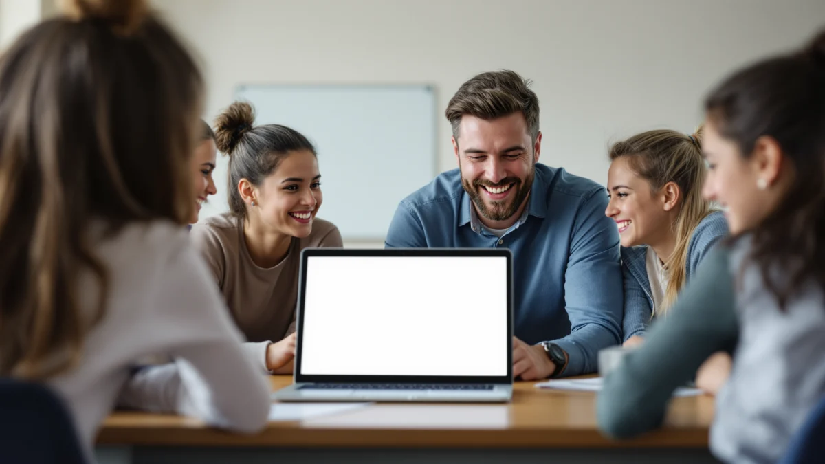 Secondary school teacher engaging with students in a modern Australian classroom