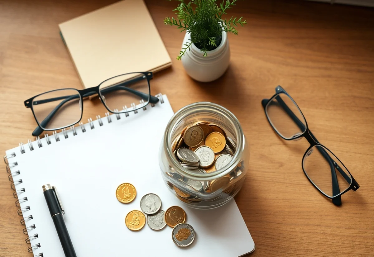 Setting a savings goal in Australia Small savings jar of coins representing a savings goal