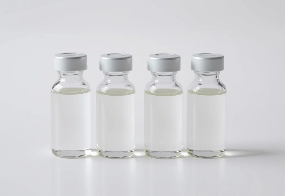 Several genuinely different filler substances exist Four plain glass vials of clear gel on a clean clinical surface, representing different dermal filler substances