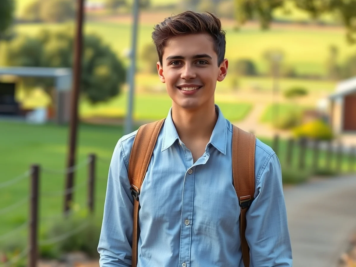 A young professional walking through a regional Australian town with countryside in the background