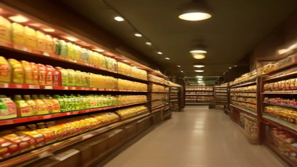 Interior of a South Asian grocery store in Melbourne with colorful spices, lentils, rice, and fresh produce on wooden shelves with warm lighting