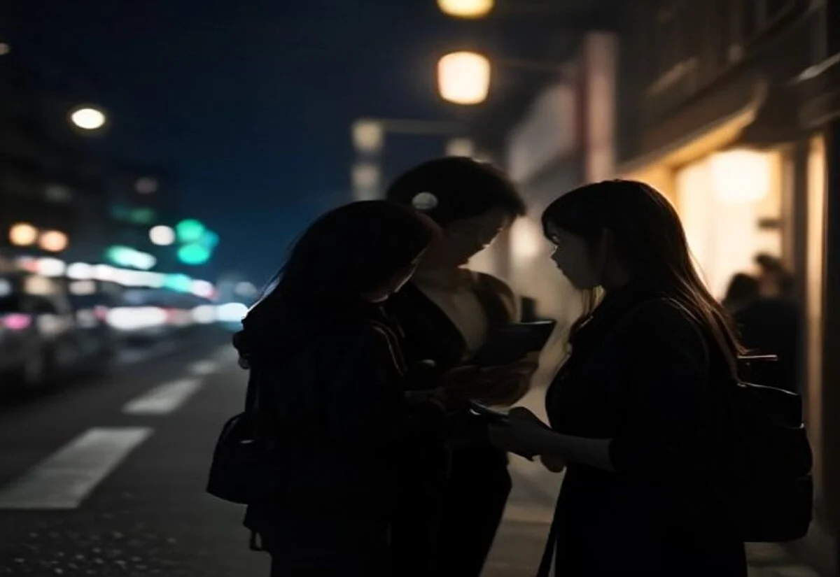 Friends splitting a rideshare fare while waiting at night