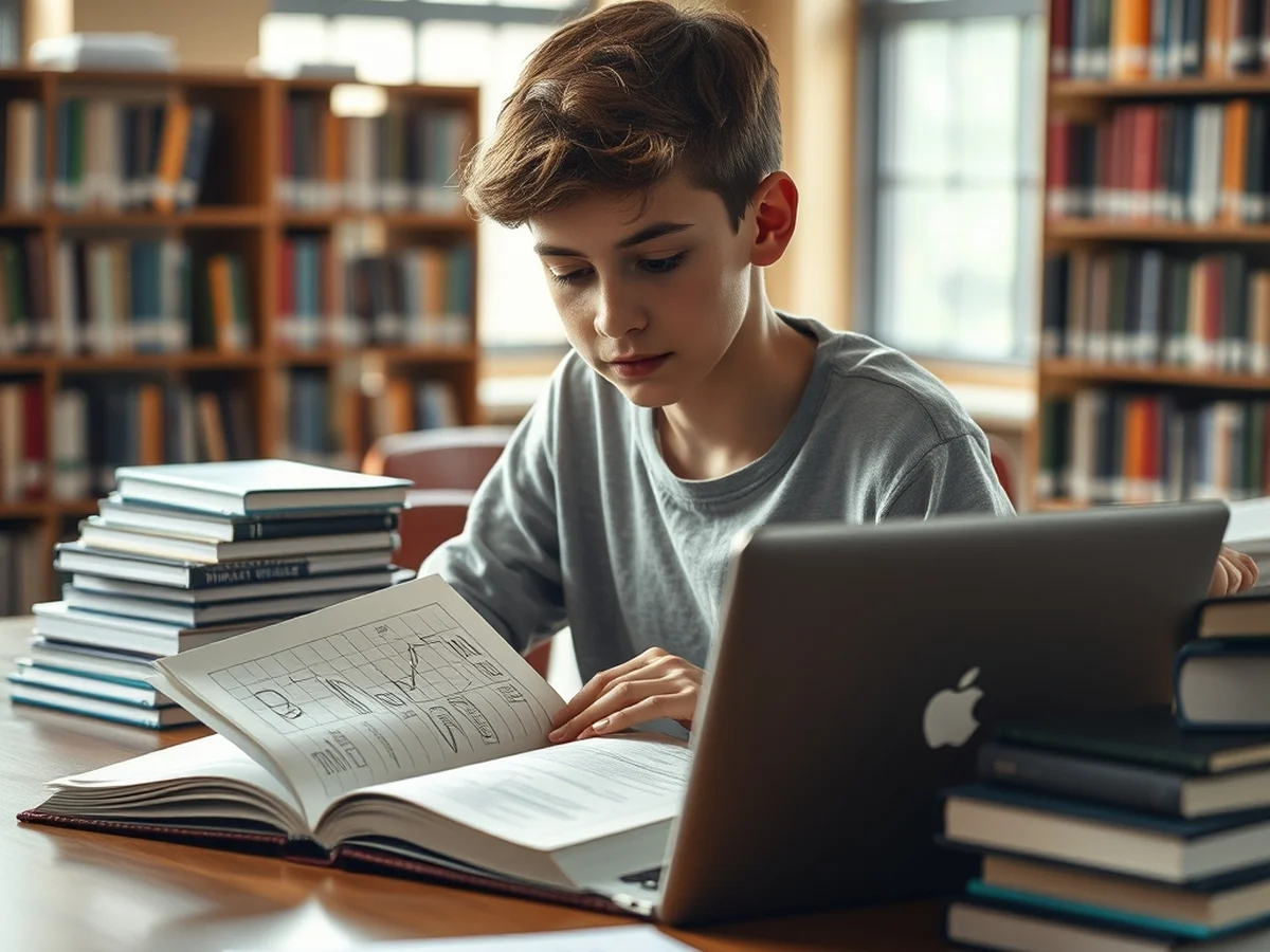 A student researching university options on a laptop at a library desk