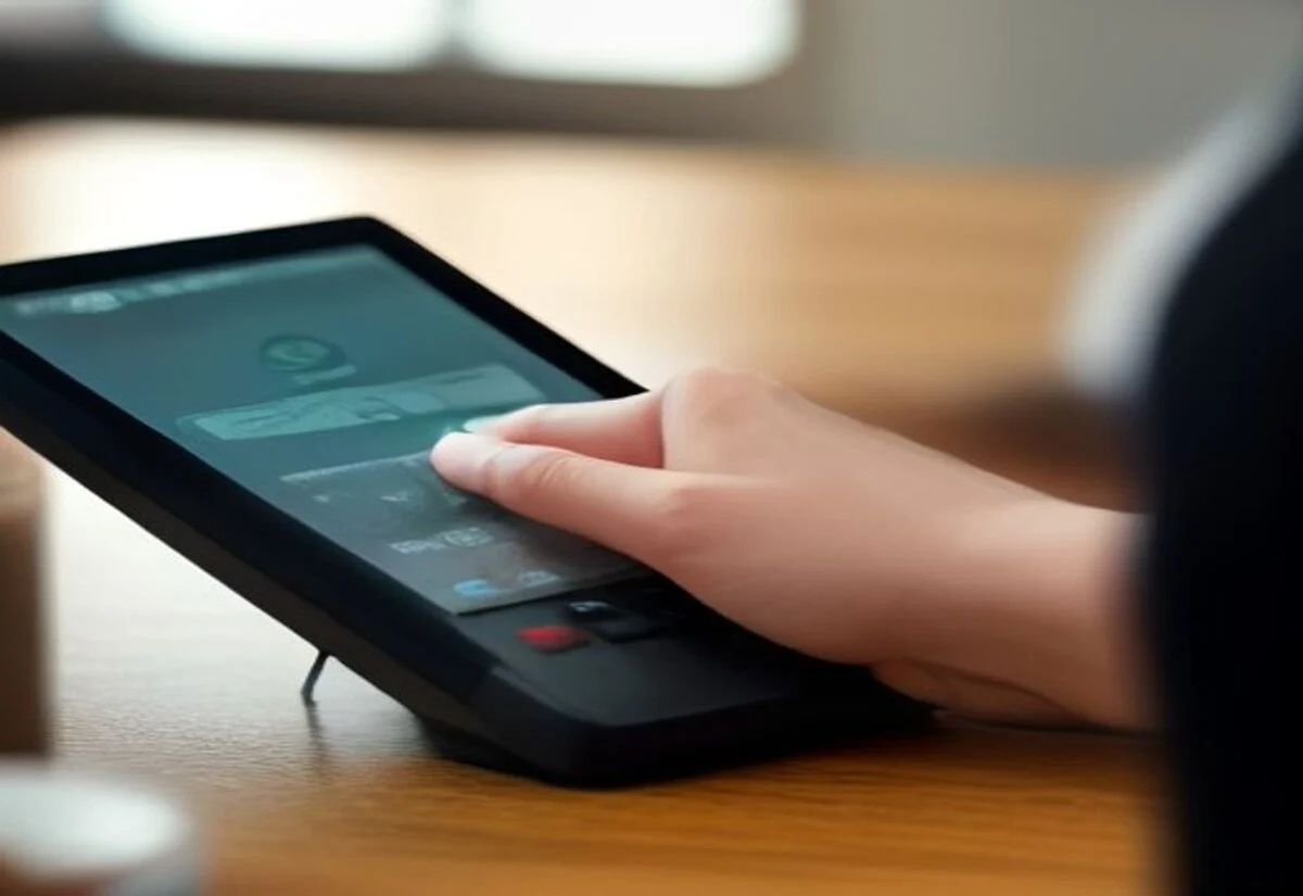 Tapping a card for contactless payment Contactless card payment at a cafe counter