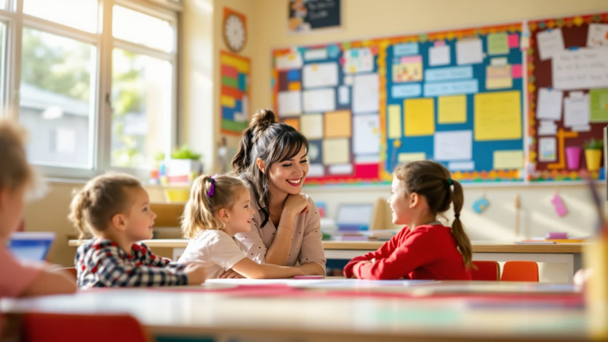 Teacher working with a small group of primary school students in a bright classroom