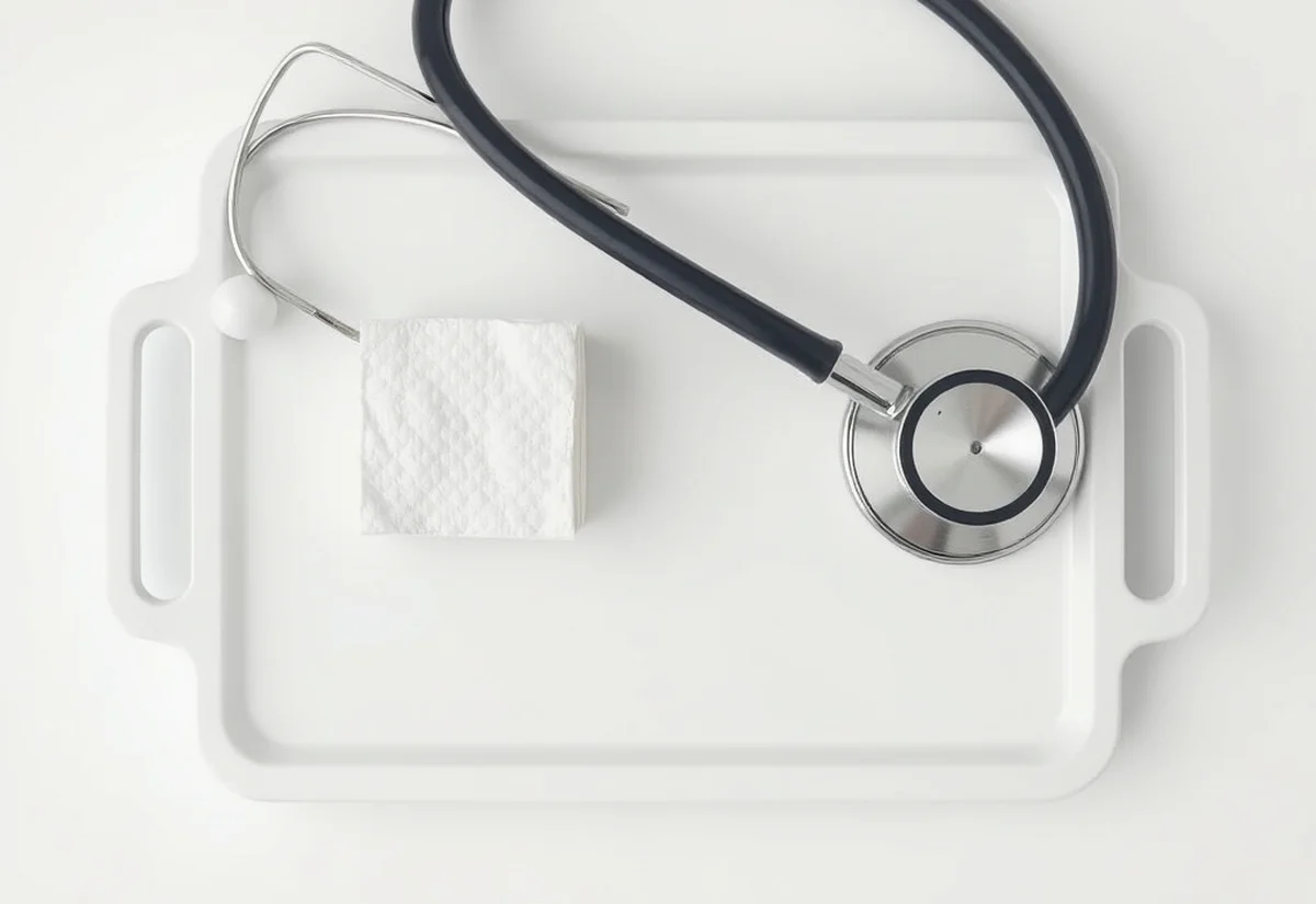 Technique and safety preparedness matter as much as the product A stethoscope and folded gauze pads on a clinical tray, representing safety preparedness during chin filler injection