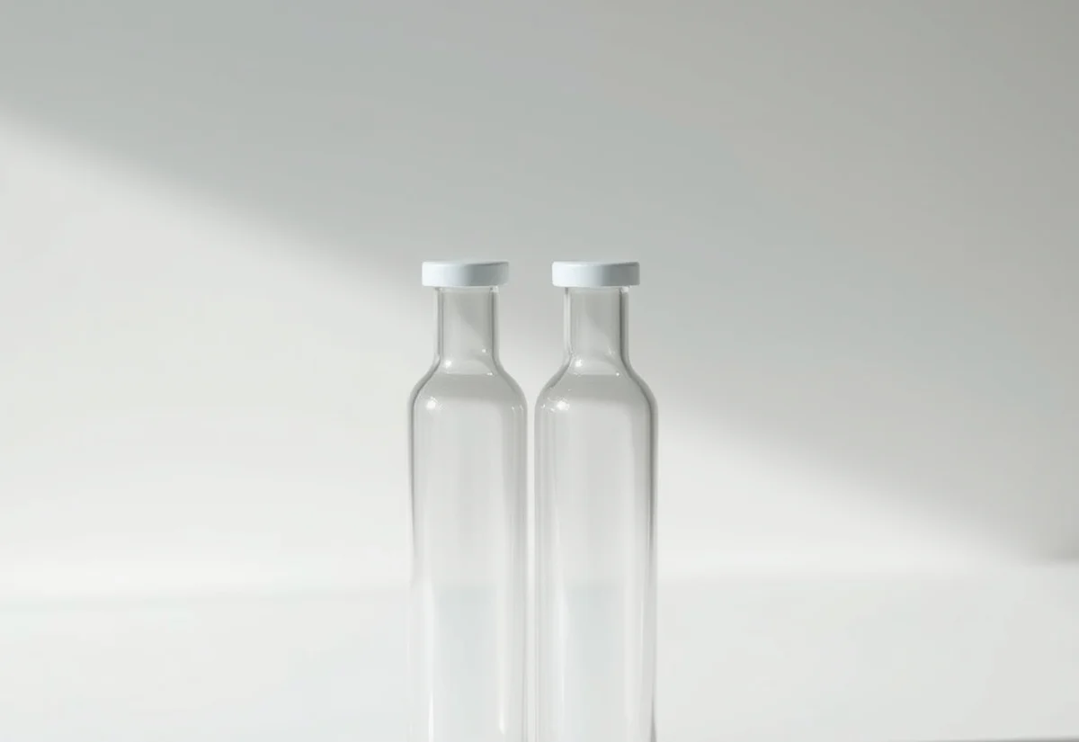 The filler type used for tear trough treatment Glass vials representing the low-viscosity hyaluronic acid filler used for the tear trough