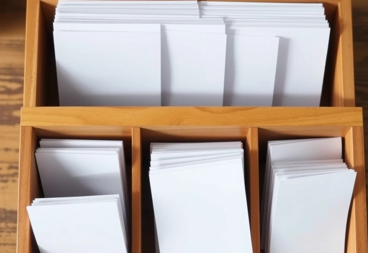 A graduated flashcard box with compartments of increasing size, used for the Leitner spaced repetition system
