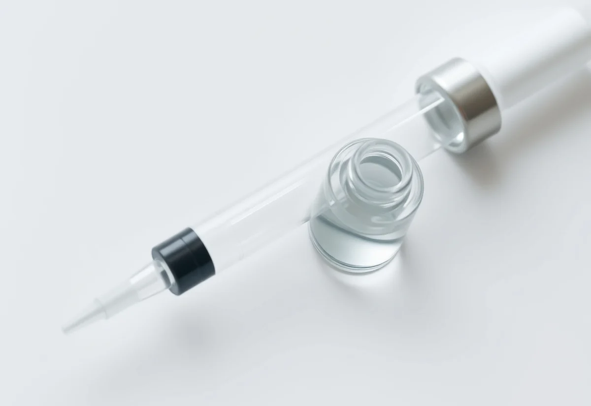 The tools used in non-surgical rhinoplasty A fine cosmetic injection cannula and a vial of clear filler on a clean clinical surface