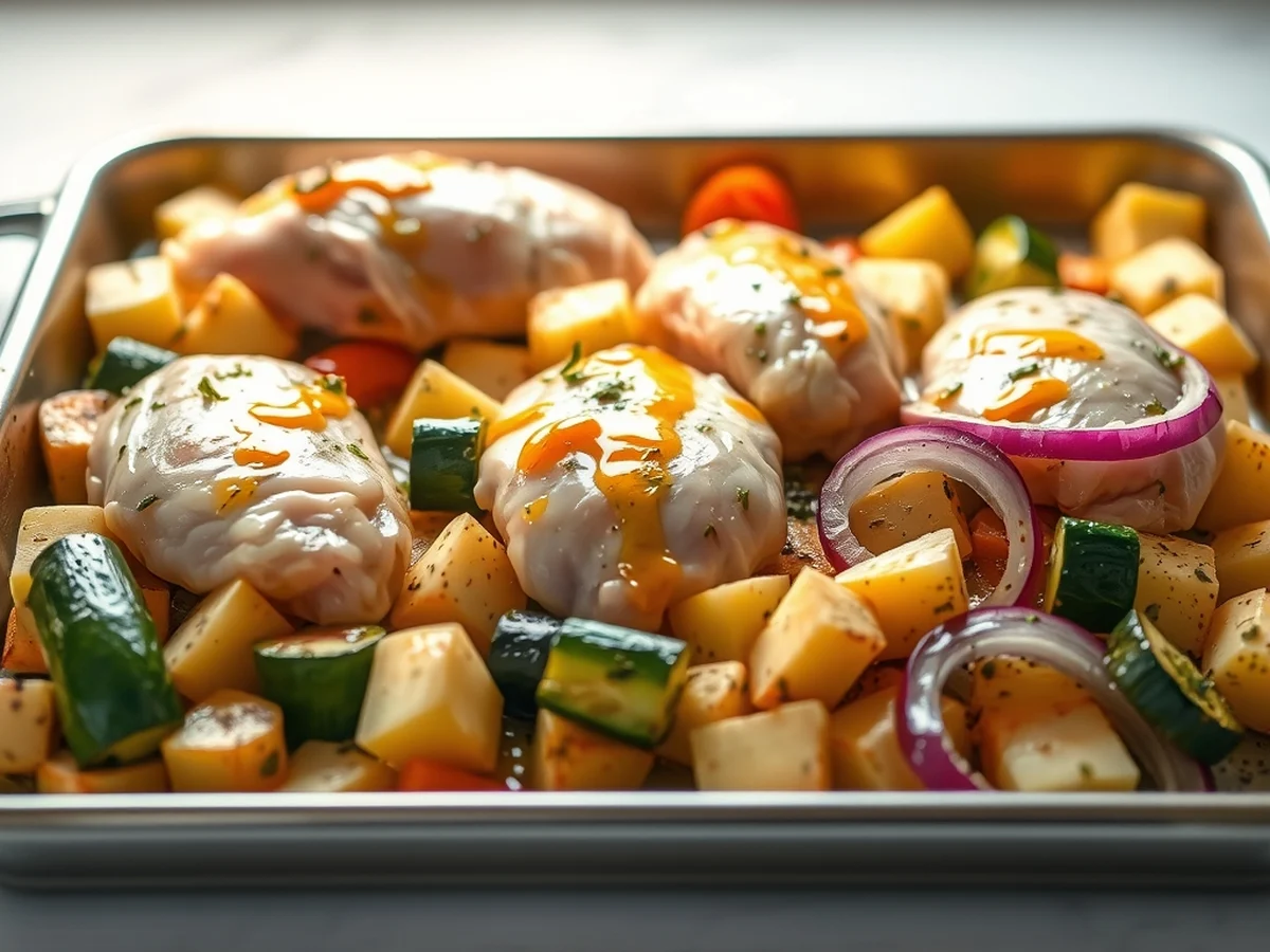 Chicken and vegetables arranged on a tray with lemon herb marinade, ready to roast