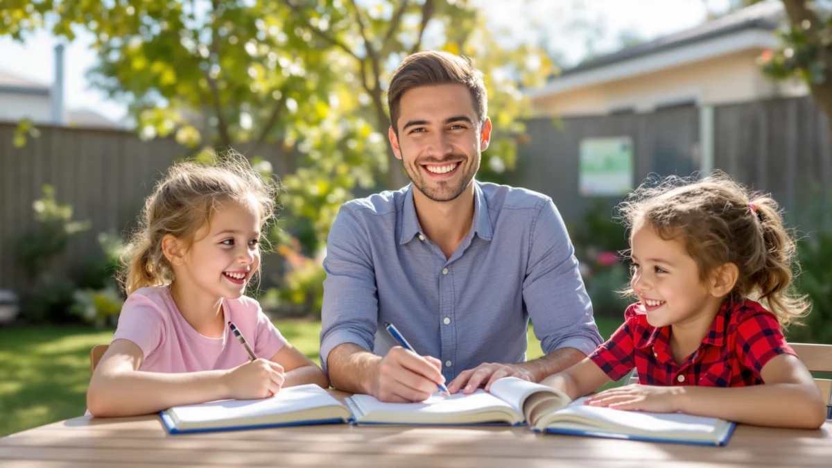 Young adult tutor working with two primary school aged children outdoors