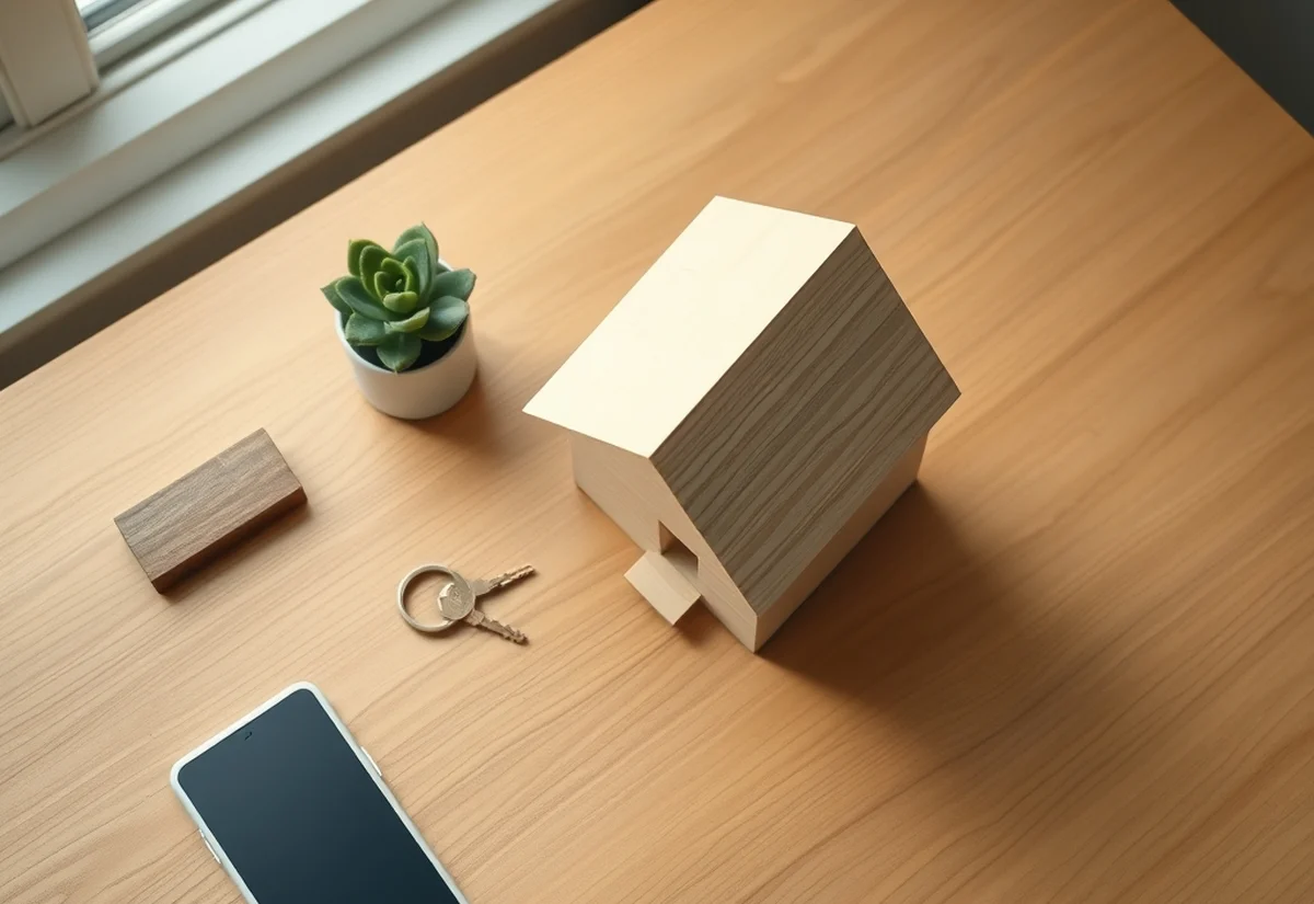 A small timber model house and a key on a desk, representing a rental property and tenancy