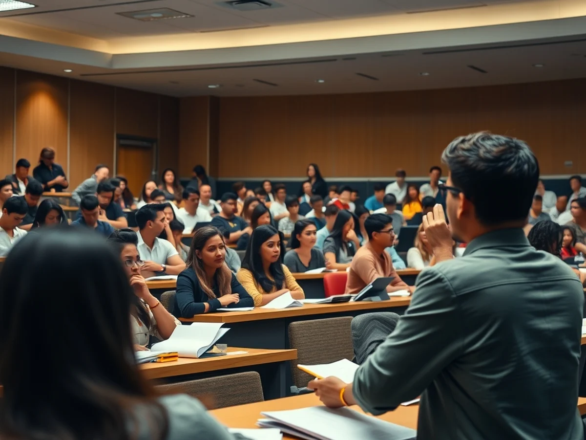 A full university lecture hall with students taking notes during a class