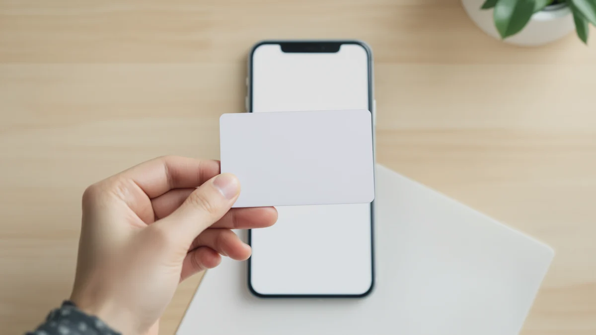 Person holding an ID card and smartphone for an online identity verification