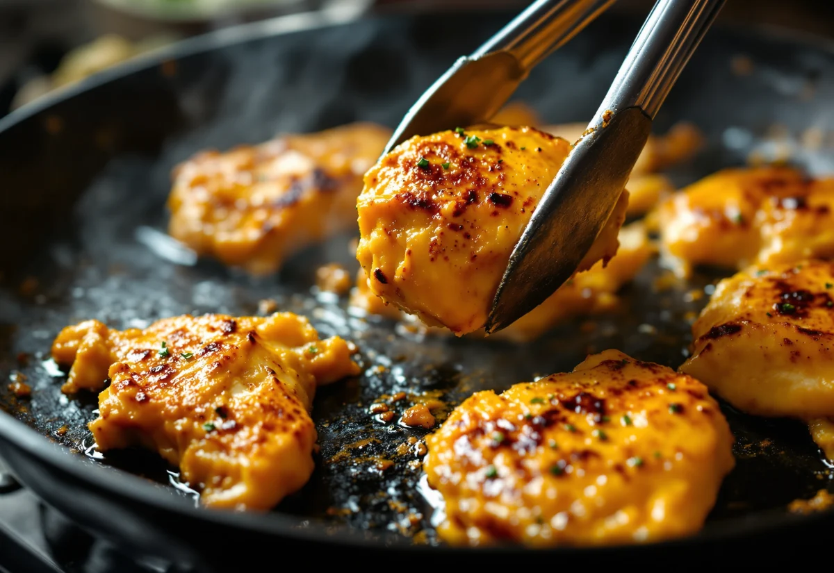Charring the marinated chicken before it goes into the gravy Marinated chicken pieces being seared until charred in a hot pan
