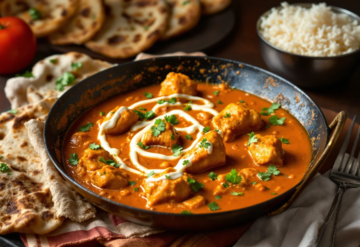 Finished butter chicken ready to serve Finished butter chicken in a bowl with a swirl of cream, coriander and naan on the side